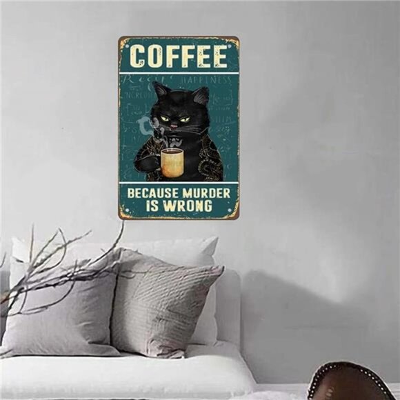 Retro Cat Coffee Metal Sign Vintage Kitchen Signs Wall Decor Because Murder - Picture 6 of 7